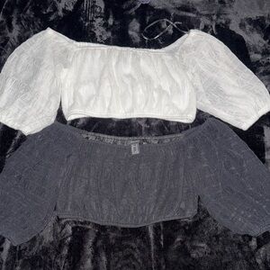 Forever 21 White and Black Off-Shoulder Puff Sleeve Crop Tops 🗿🛖